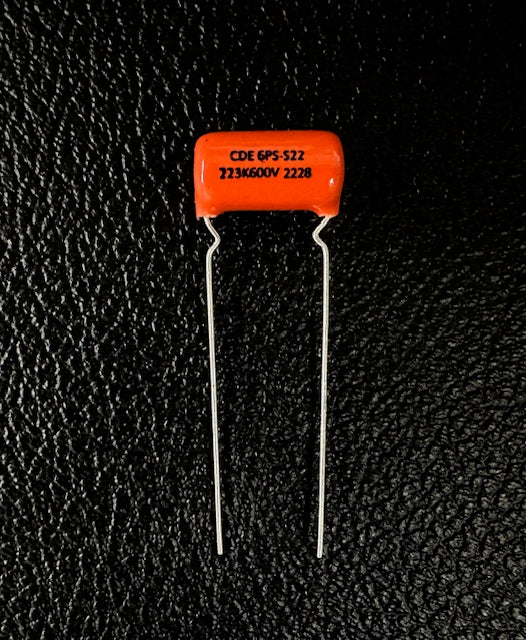 Cornell Dublier .022uf/600V " Orange Drop" - modern version of Mallory PVC series - marked foil side / polarity