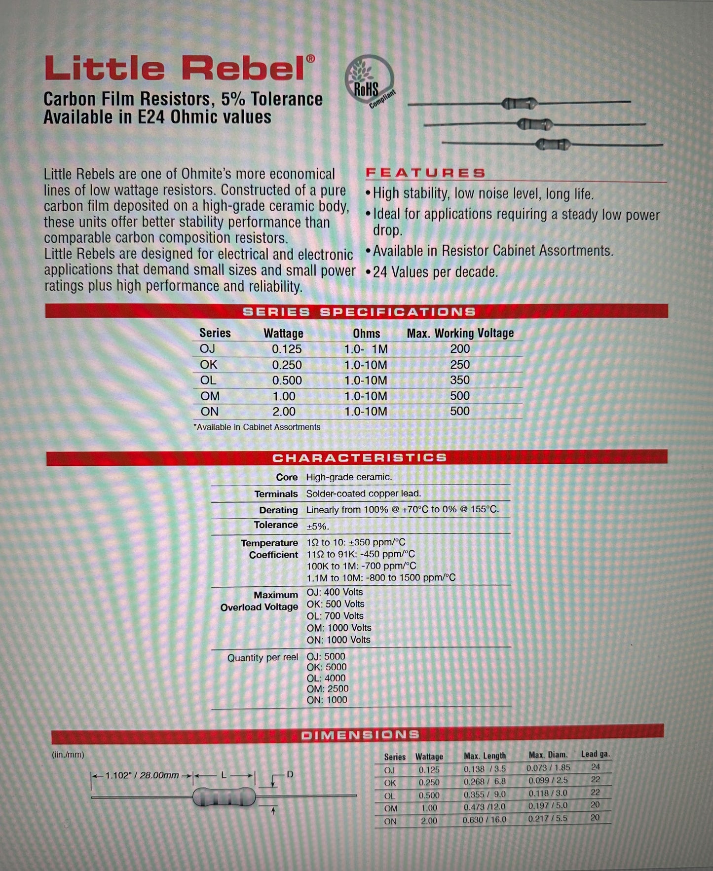 2 Watt OHMITE "Little Rebel " Carbon Film resistors