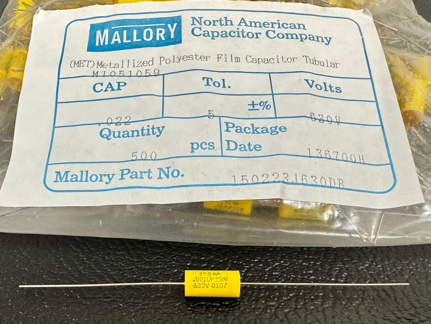 N.O.S. from 2001 Mallory .022uf / 630V (5%) - with marked foil side / polarity