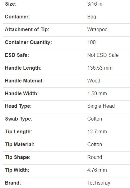 Tech Spray 6" cotton swabs $4.99 for 100 - .05 each